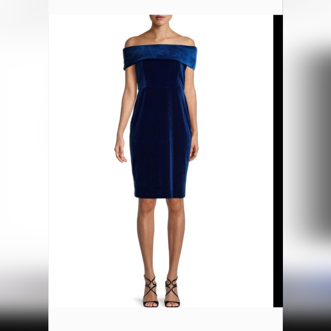 Nwt Calvin Klein Off The Shoulder Velvet Midi Dress - Sapphire Blue Size 12